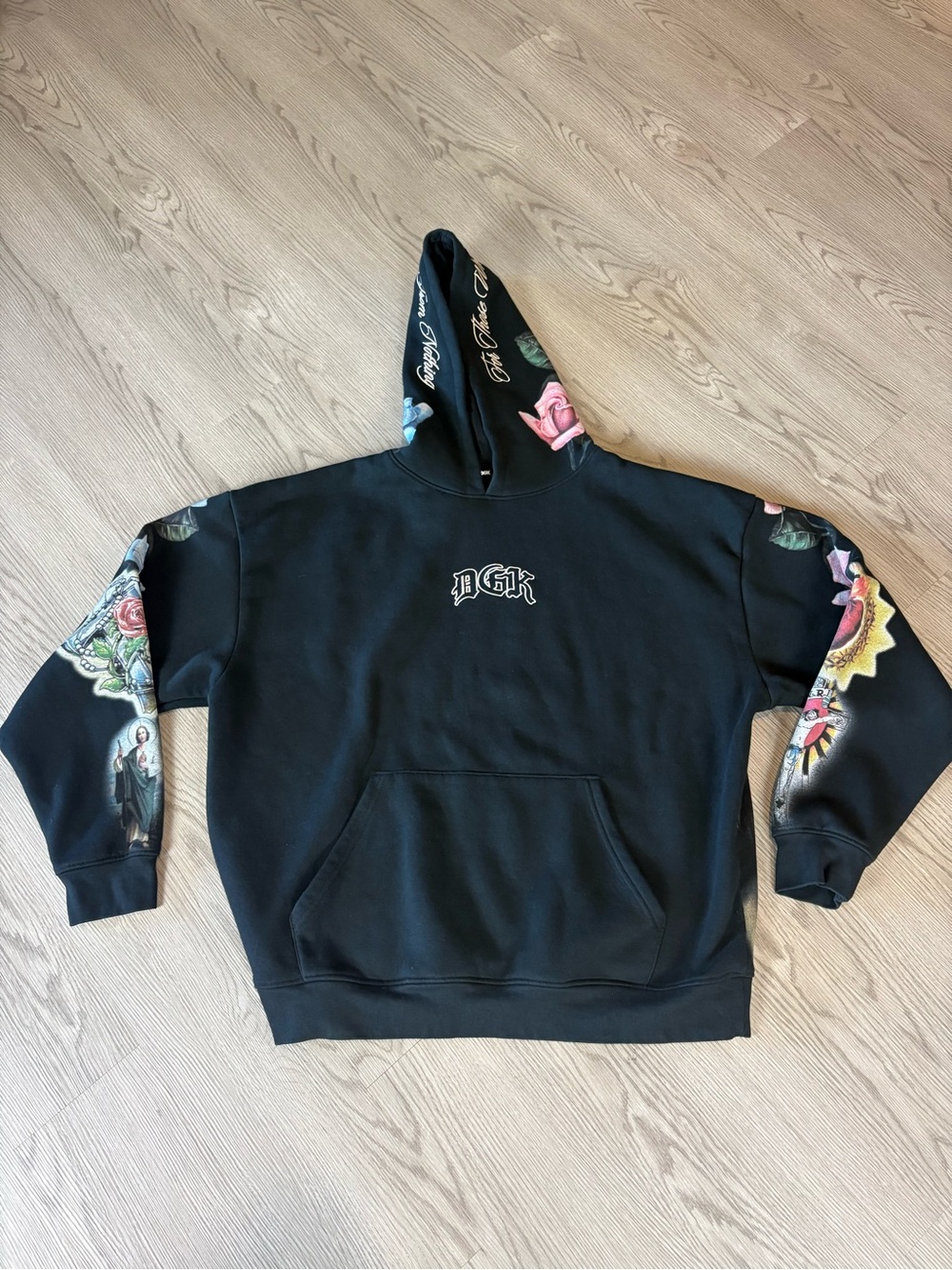 DGK Black Hoodie with Multicolor Floral Sleeve Graphics